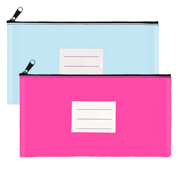 2-Pack Bank Deposit Money Bags with Zipper, 11 x 6 Inches, PU Leather Cash Pouches with Label, for Coins, Cosmetics, Bills, Tools, Hot Pink & Light Blue