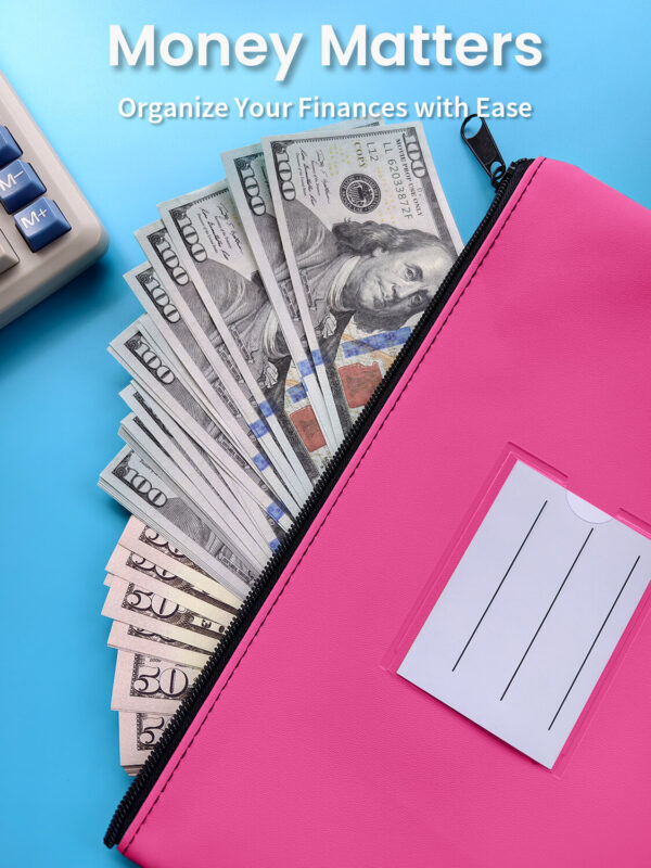 2-Pack Bank Deposit Money Bags with Zipper, 11 x 6 Inches, PU Leather Cash Pouches with Label, for Coins, Cosmetics, Bills, Tools, Hot Pink & Light Blue - 图片 3